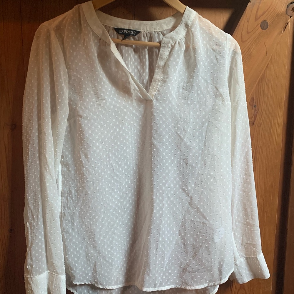 White, sheer blouse with polka dots